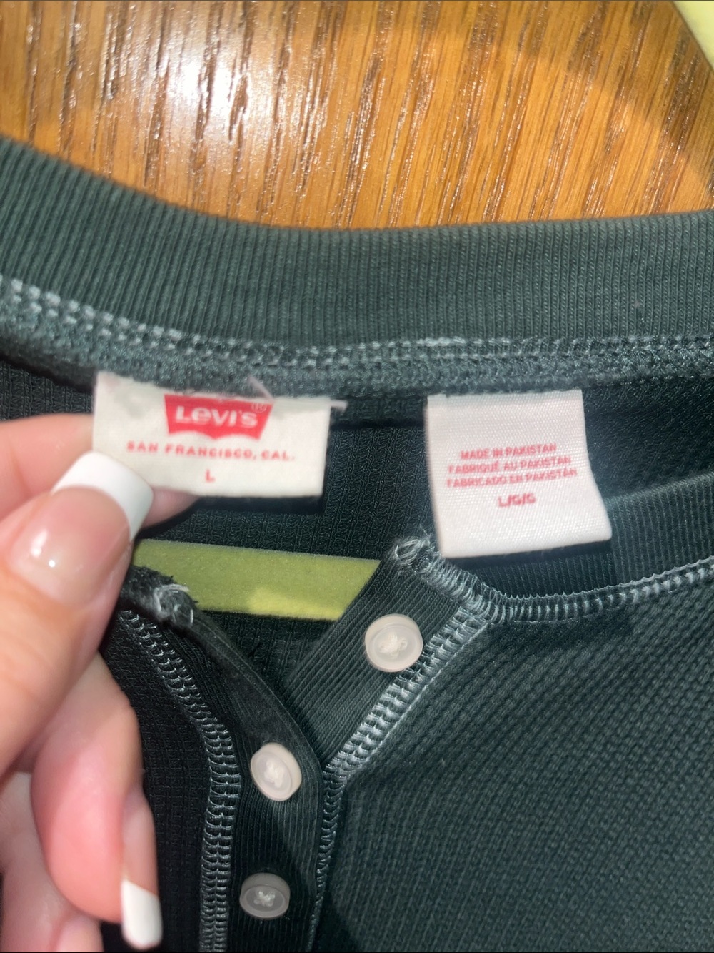 Levi's Dark Green Long-Sleeve Henley Tee with Contrast Stitching - Picture 2 of 8